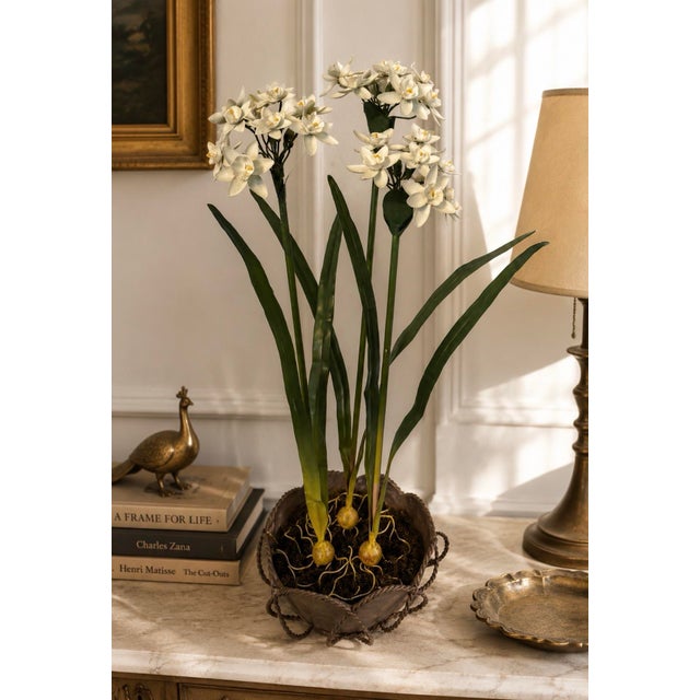 Vintage Mid-Century White Tole Narcissus Floral Arrangement Botanical Paperwhites Sculpture Circa 1950s For Sale - Image 11 of 11