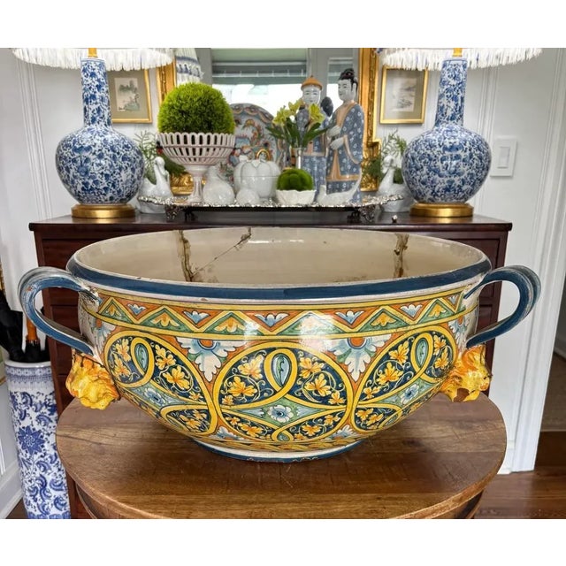 Early 20th Century Enormous Tuscan Over Sized Early Twentieth Century Hand Painted Sicilian Italian Centerpiece Planter With Lionhead Handles Italy For Sale - Image 11 of 11