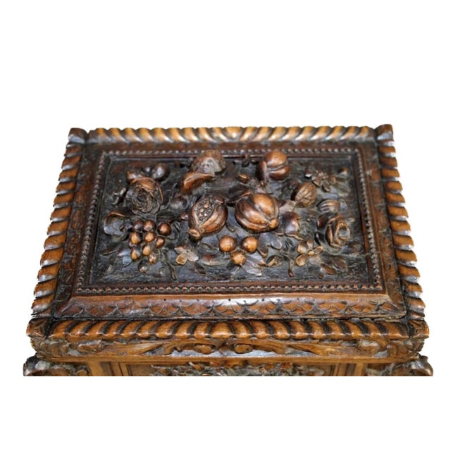 Antique Black Forest style French relief walnut dresser box with carved fruit in relief. Late 19th century. No maker's marks.