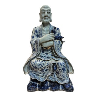 Chinese Vintage Ceramic Buddhist Sculpture,Hand Carved Blue and White Porcelain the Eighteen Arhats Statue For Sale