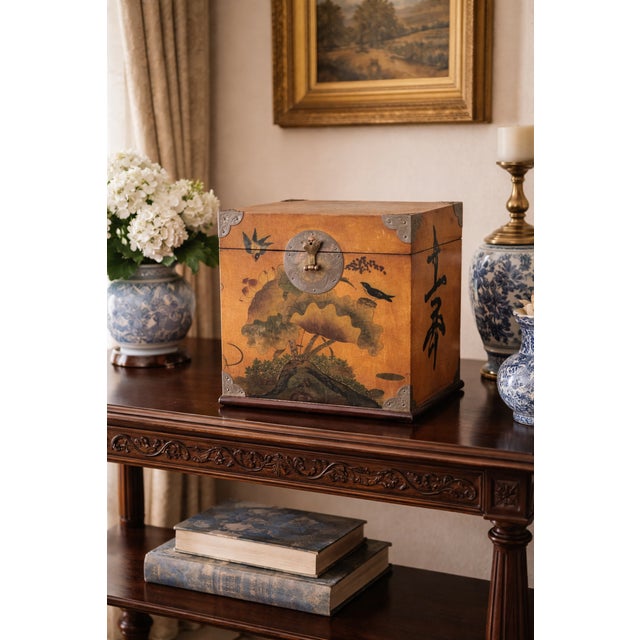 Vintage Chinese Lacquer Chest Trunk With Painted Lotus & Bird Motif, Calligraphy Interior For Sale - Image 4 of 13
