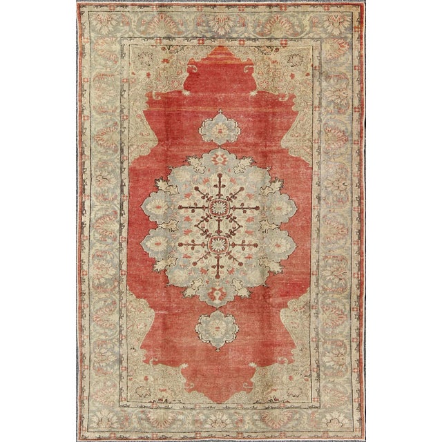 Classic Antique Sivas Rug Turkish in Medallion Design With Coral Red Field & Light Green For Sale - Image 11 of 11