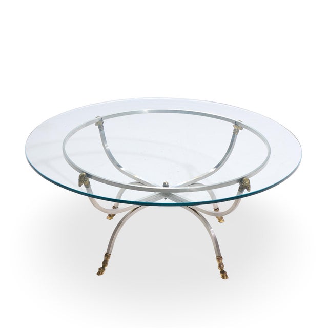 Metal Maison Jansen Mid Century Round Rams Head Glass Top Coffee Table For Sale - Image 7 of 7