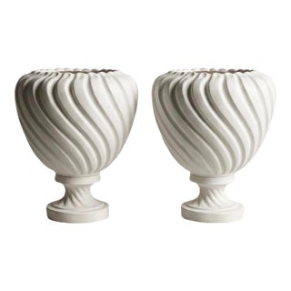 Pair of Neoclassical Italian Spiral Ceramic Urns For Sale