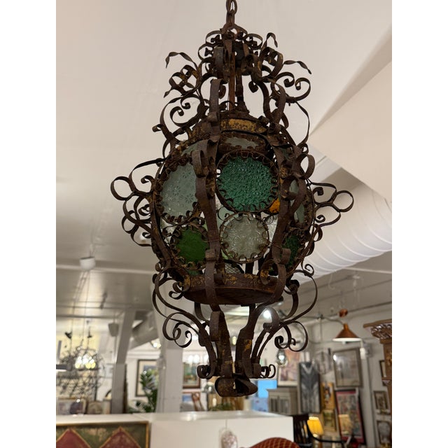 Italian Antique Venetian Glass + Metal Lantern, Late 19th Century For Sale - Image 3 of 12