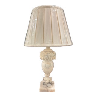 Vintage Italian Alabaster Neoclassical Style Urn Table Lamp With New Cream Pleated Shade For Sale
