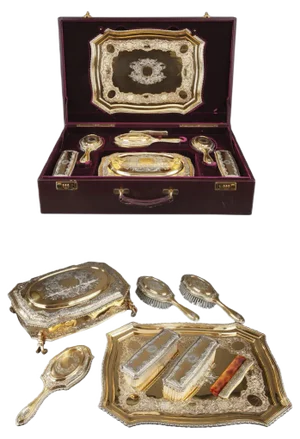 Silver-Gilt Dressing Table Set by Lionel Alfred Crichton, London, 1917, Set of 8