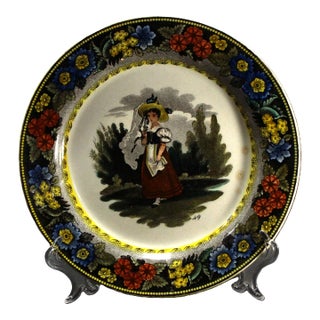 1830s Creil Et Montreau French Faience Polychrome Transfer Plate Country Girl For Sale