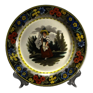 1830s Creil Et Montreau French Faience Polychrome Transfer Plate Country Girl