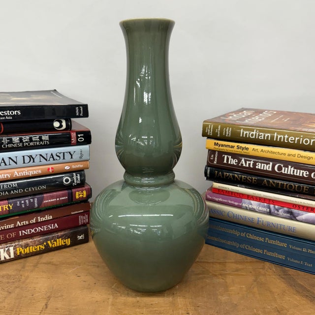 Rustic Green Glazed Ceramic Vase with Bold Long-Necked Silhouette For Sale - Image 3 of 9