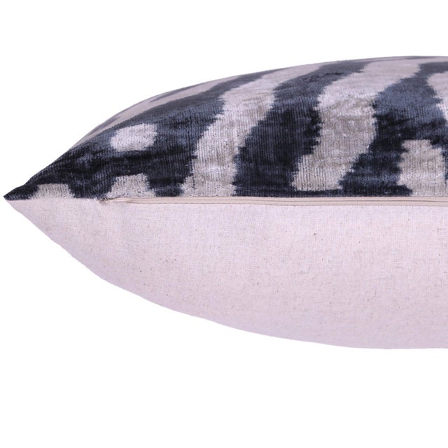 Gray Cream Ikat Silk Velvet Pillow – 16x16 Handmade Luxury Throw For Sale In San Francisco - Image 6 of 8
