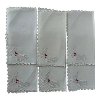 Set of 6 Rooster & Hen Embroidered Cocktail Napkins For Sale