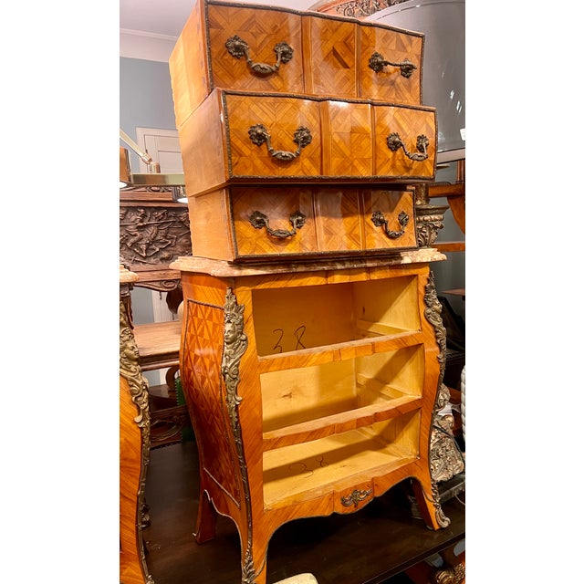 Pair of Red Marble-Top Parquetry Petite Commodes Nightstands For Sale - Image 9 of 15