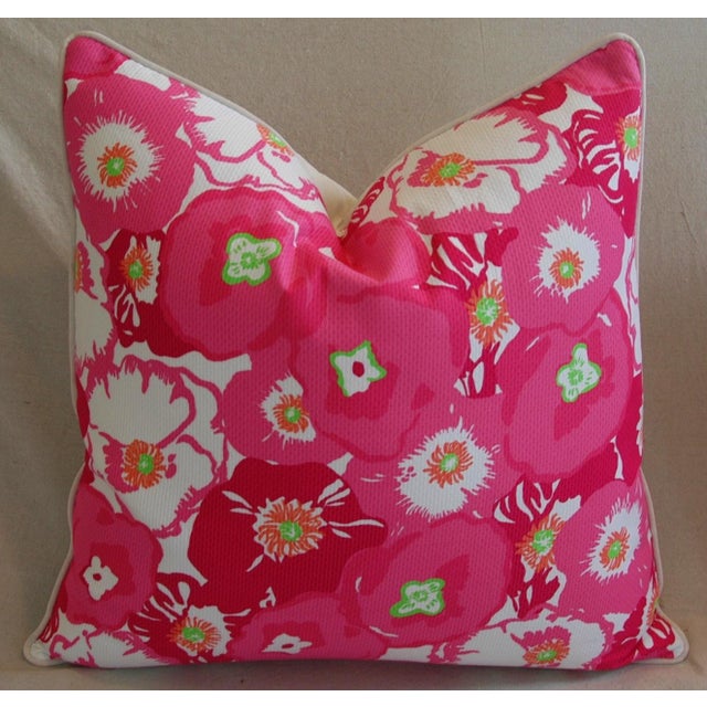 Large custom-tailored pillow in vintage/never used 100% cotton fabric depicting a spring floral motif of pink and white...