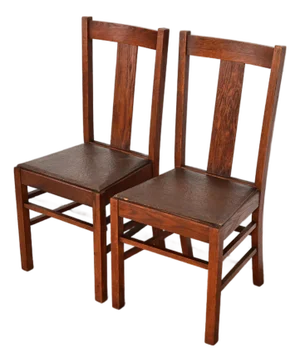 Limbert Style Antique Mission Oak Arts & Crafts T-Back Side Chairs or Dining Chairs, Pair
