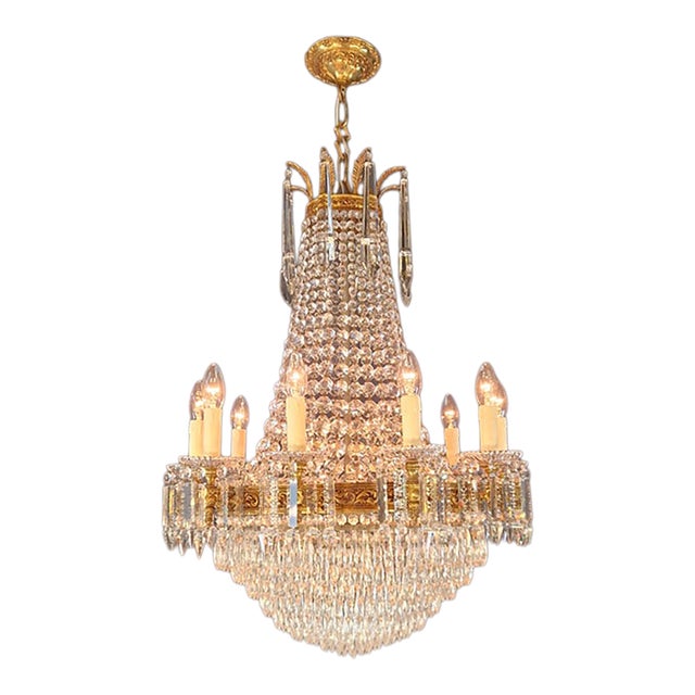 Antique French Empire Crystal Tent and Basket Chandelier Brass For Sale