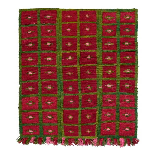 1950s Vintage Tulu Rug in Red, Green, Pink Geometric Pattern For Sale