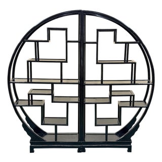 Black Lacquer Moon Gate Round Shelves Wood Display Curio Cabinet Room Divider For Sale