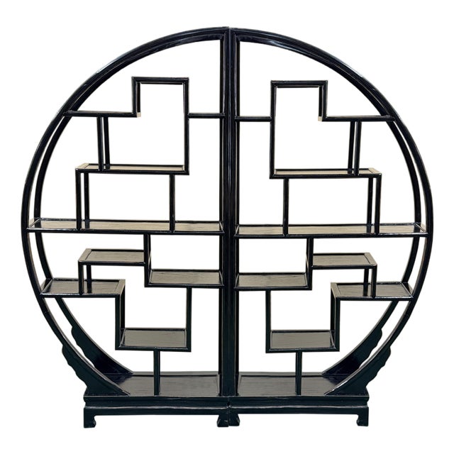 Black Lacquer Moon Gate Round Shelves Wood Display Curio Cabinet Room Divider For Sale