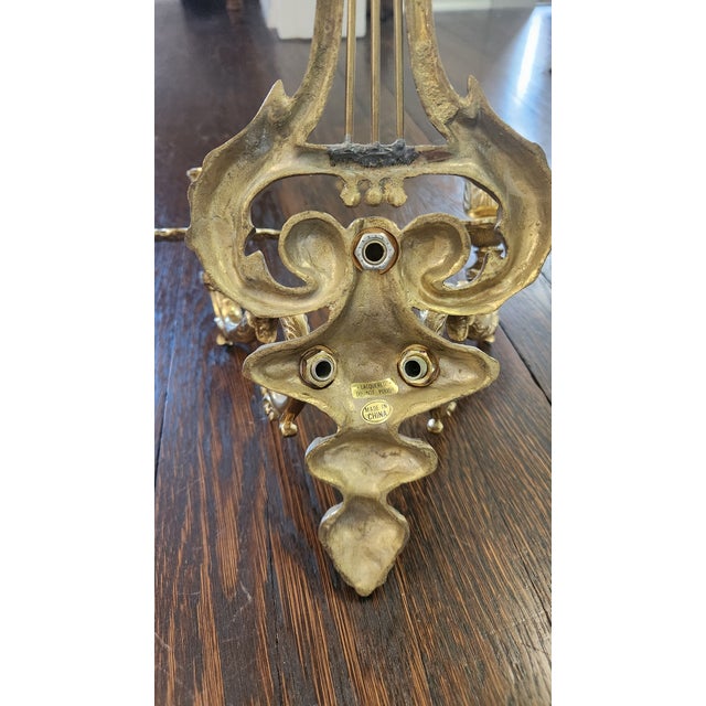 Vintage Chinese Lacquered Brass Lyre-Form Double-Arm Candle Wall Sconce For Sale - Image 18 of 18