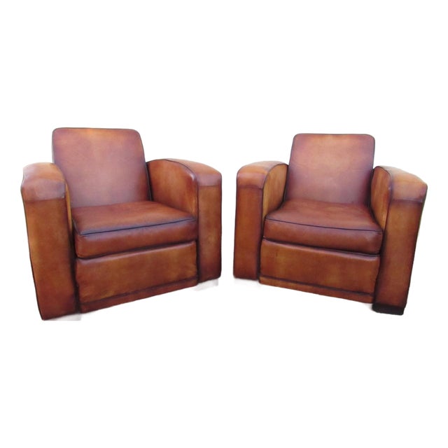 Pair of Art Deco Style French Leather Club Chairs For Sale