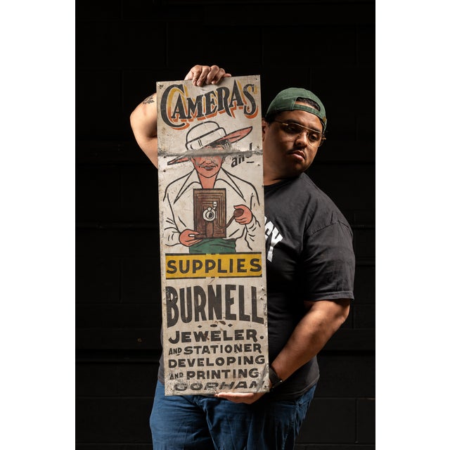 Early 20th Century Ithaca painted tin trade sign for George S. Burnell's (1871-1955) stationery and jewelry store in...