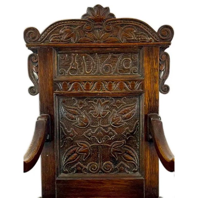 English Rare Dated 1670 Museum-Quality 17th C. Charles II English Oak Yorkshire Wainscot Armchair For Sale - Image 3 of 13