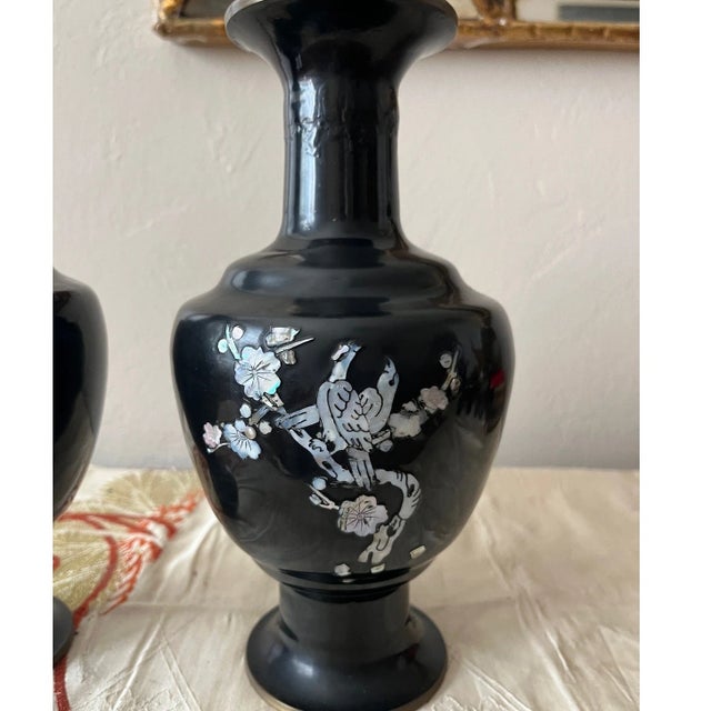 Mid 20th Century Pair of Vintage 9" Korean Black Enamel Brass Vases, Mother of Pearl Inlay For Sale - Image 5 of 9