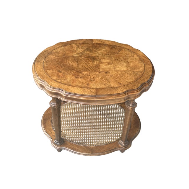 Vintage Ethan Allen Walnut Burl & Cane Oval Side Table – Two-Tier French Regency Accent with Marquetry Top Description:...