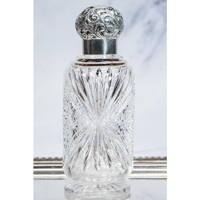 Stunning Edwardian Antique Cut Crystal Perfume Cologne Bottle Sterling Silver Lid Antique Luxury Home Vanity Dressing Table Décor For Sale - Image 9 of 16