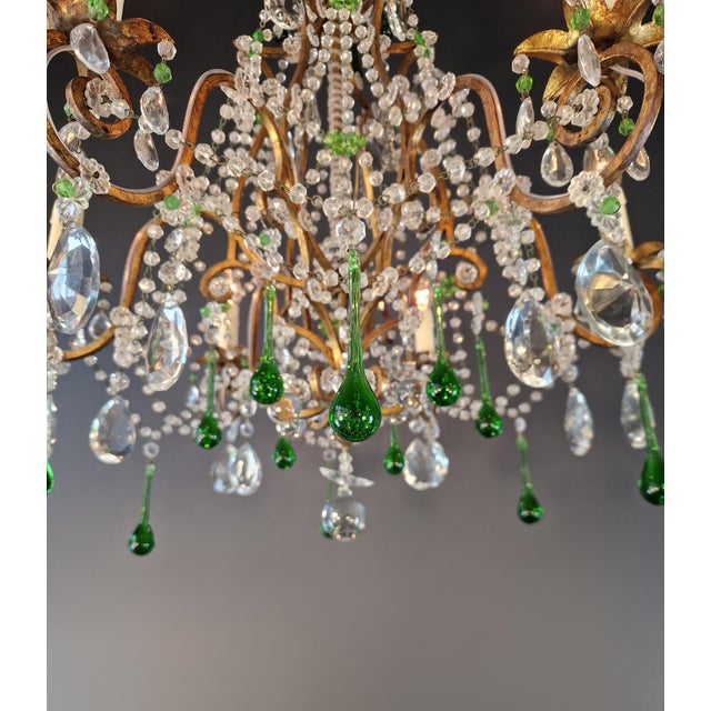 1940s Italian Rococo Revival Crystal Chandelier With Emerald Green Drops 6 Lights For Sale - Image 6 of 13