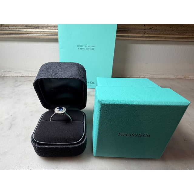 Tiffany & Co. Platinum Blue Sapphire & Diamond Engagement Ring 1.15ct 4.65g, Size 6.75 For Sale - Image 10 of 10