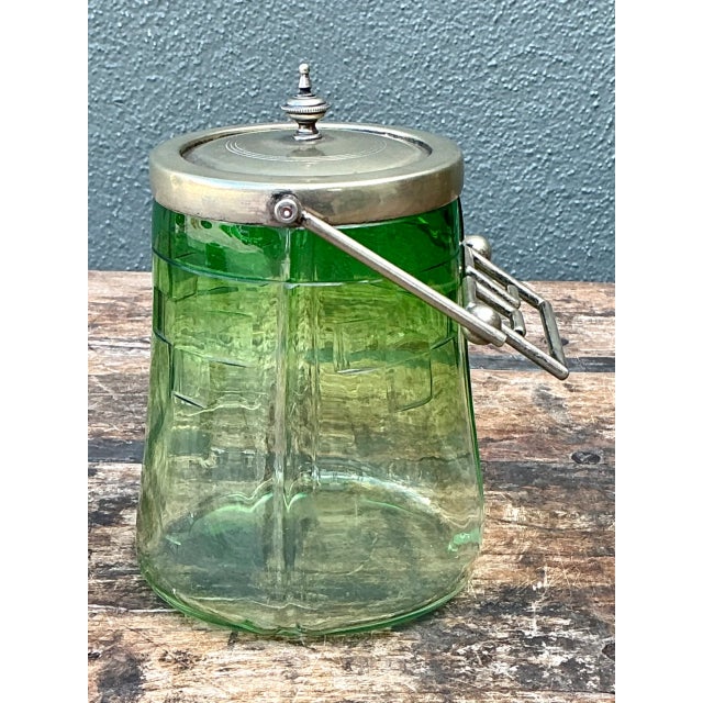 Mid 20th Century Vintage Green Glass and Metal Ice Bucket For Sale - Image 5 of 12
