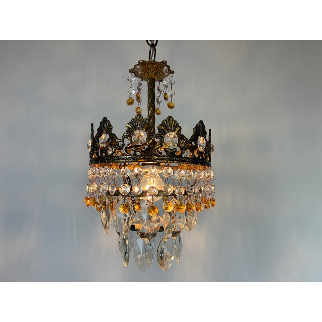 Rare Vintage Brass Crystal Chandelier | 1960s | Amber & Clear Crystal Pendant Light For Sale - Image 9 of 16