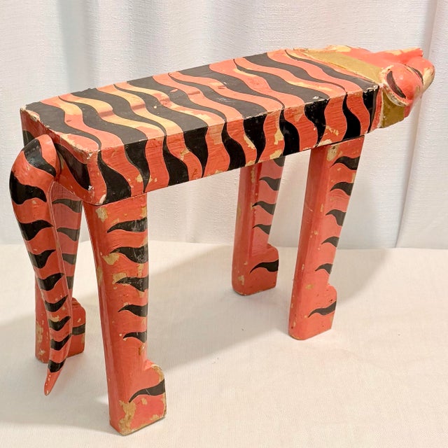 Alexander Girard Mid-Century Artist Signed Carved Folk Art Tiger Footstool For Sale - Image 4 of 12