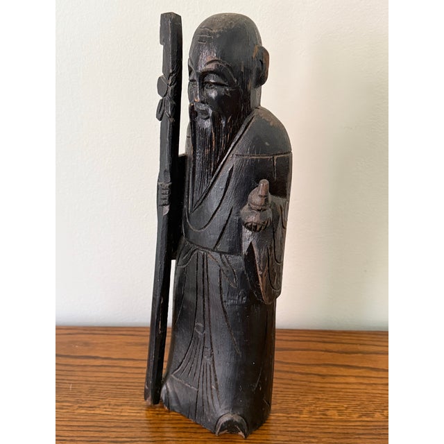 Black Large Antique Early 20th Century Chinese Wooden Shou Zing Statue, the Chinese God of Longevity For Sale - Image 8 of 12