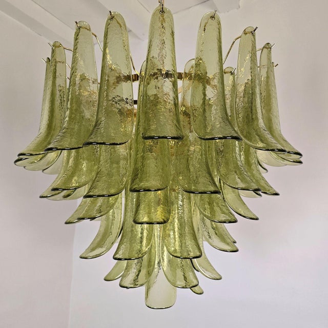 Metal 1980s Mazzega Style Murano Glass Olive Green Petal Chandelier For Sale - Image 7 of 14