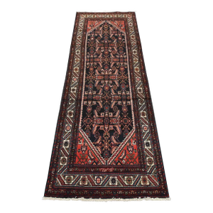 Hamedan Runner 3'7'' X 10'2'' Blue Wool Semi-Antique Tribal Hand-Knotted Rug
