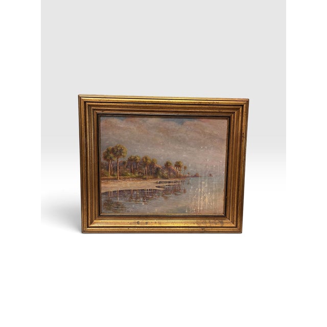 1929 Antique Old Florida Daytona Coastal Landscape Painting on Board, Original Gilt Frame For Sale - Image 4 of 8