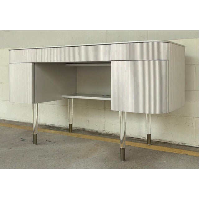 Original retail $6255, elegant Caracole Modern Gray Pearl Fluted Lady Love Desk/Vanity, five drawers, tapered acrylic...
