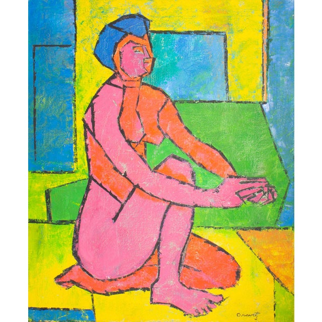 An oil on canvas painting of a nude female figure. This vibrant abstract work depicts a woman in pink and orange with blue...
