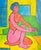 An oil on canvas painting of a nude female figure. This vibrant abstract work depicts a woman in pink and orange with blue...