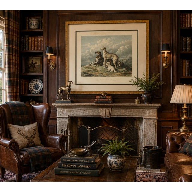 Victorian 1880 Hand-Colored Engraving "Highland Dogs" After Sir Edwin Landseer in Custom Burlwood Frame For Sale - Image 3 of 11