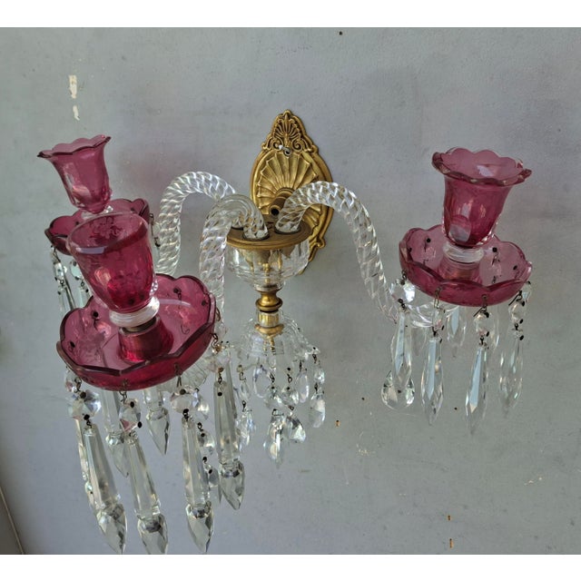 Very Rare c1800-1810 British George III Ormolu/ Cut Glass/ Pink Crystal 3 Candle Light Wall Sconce. This is an amazing...