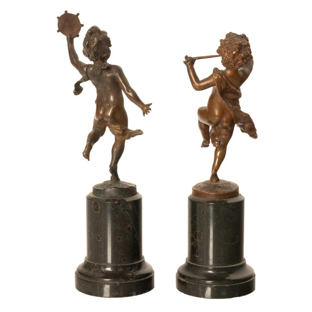 Mid 19th Century Pair Antique French Bronze Marble Putti Dancing Musicians Statues Sculpture 1860 For Sale - Image 5 of 13