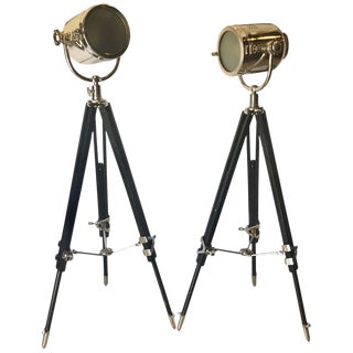 Art Deco Chrome Spotlight Floor Lamps on Ebony Tripod Bases - a Pair For Sale