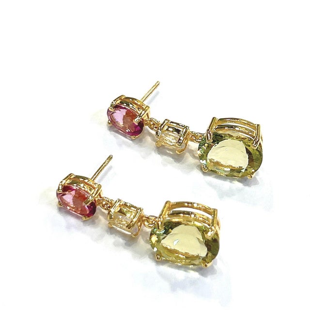 Art Deco Bochic "Orient" Vintage Lemon Quartz & Rhodorite Earrings Set 18K Gold & Silver For Sale - Image 3 of 18