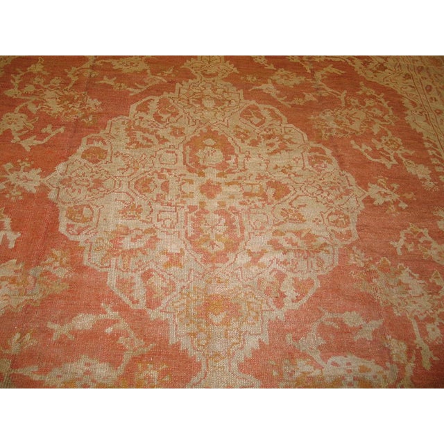 Rustic Spectacutar Orange-Salmon Background Color With Distinctive Central Medallions Antique Turkish Oushak Rug For Sale - Image 3 of 9