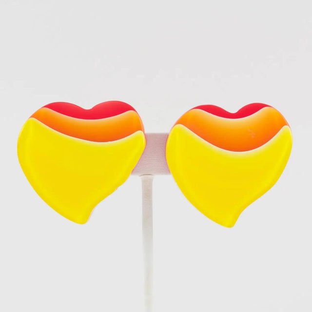 Pop Art Pop Art Yellow and Orange Lucite Heart-Shaped Clip Earrings For Sale - Image 3 of 6