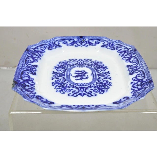Antique Flow Blue and White Transferware Ironstone Platter Dish W Chinese Dragon For Sale - Image 9 of 12